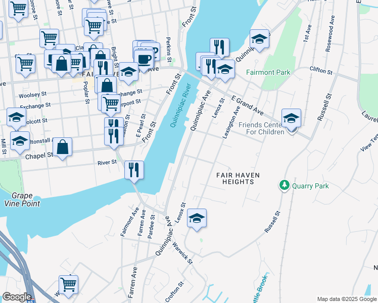 map of restaurants, bars, coffee shops, grocery stores, and more near 12 Oxford Street in New Haven
