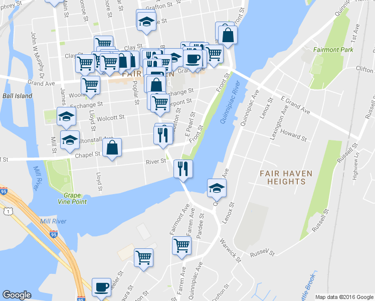 map of restaurants, bars, coffee shops, grocery stores, and more near 1 Front Street in New Haven
