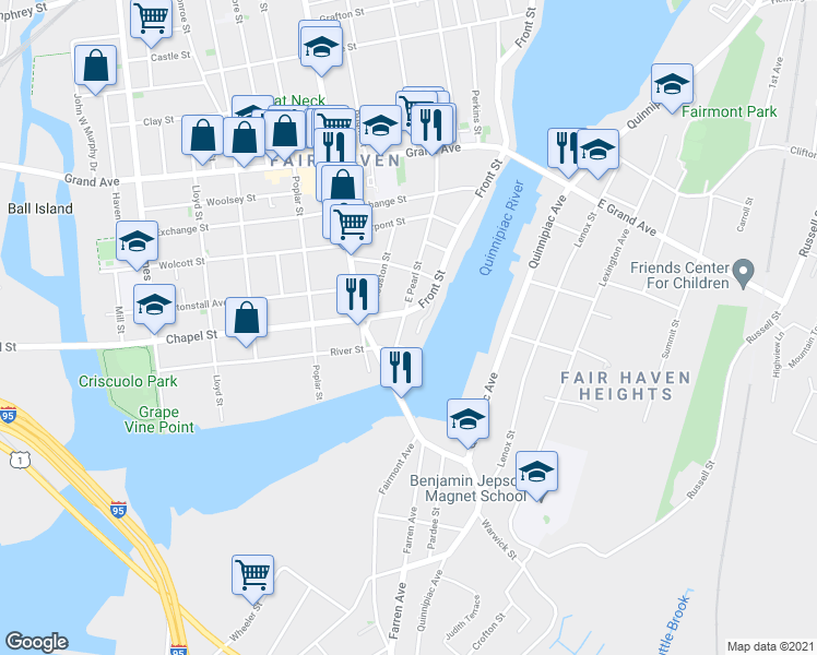 map of restaurants, bars, coffee shops, grocery stores, and more near 1 Front Street in New Haven