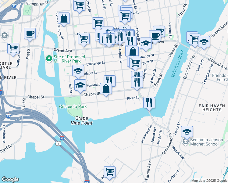 map of restaurants, bars, coffee shops, grocery stores, and more near in New Haven
