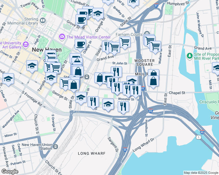 map of restaurants, bars, coffee shops, grocery stores, and more near in New Haven