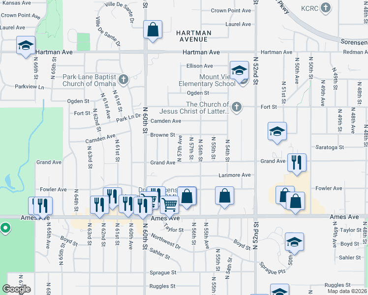 map of restaurants, bars, coffee shops, grocery stores, and more near 4925 North 57th Avenue in Omaha