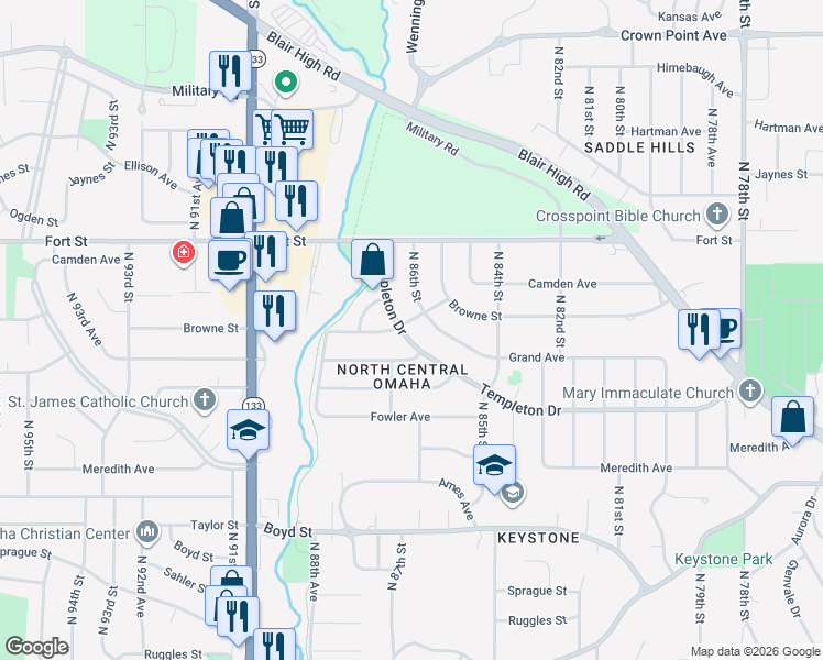 map of restaurants, bars, coffee shops, grocery stores, and more near 8620 Templeton Drive in Omaha