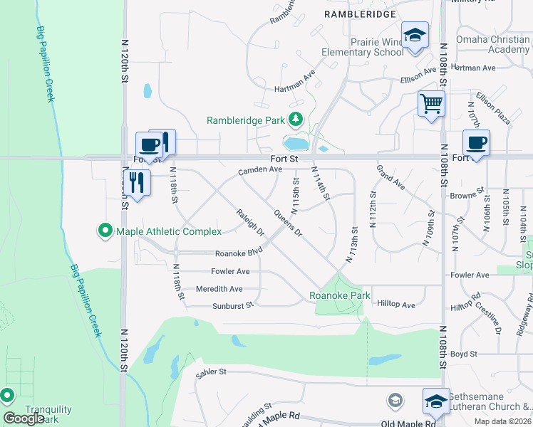 map of restaurants, bars, coffee shops, grocery stores, and more near 11517 Queens Drive in Omaha