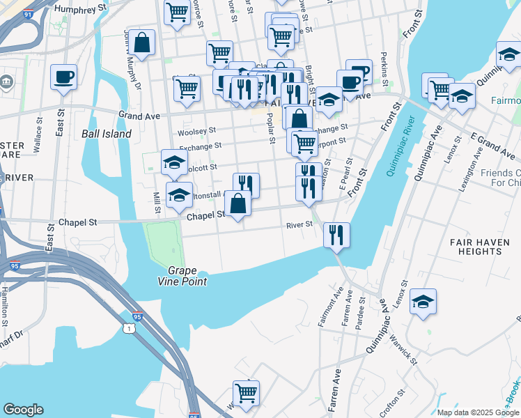map of restaurants, bars, coffee shops, grocery stores, and more near 136 Chapel St in New Haven
