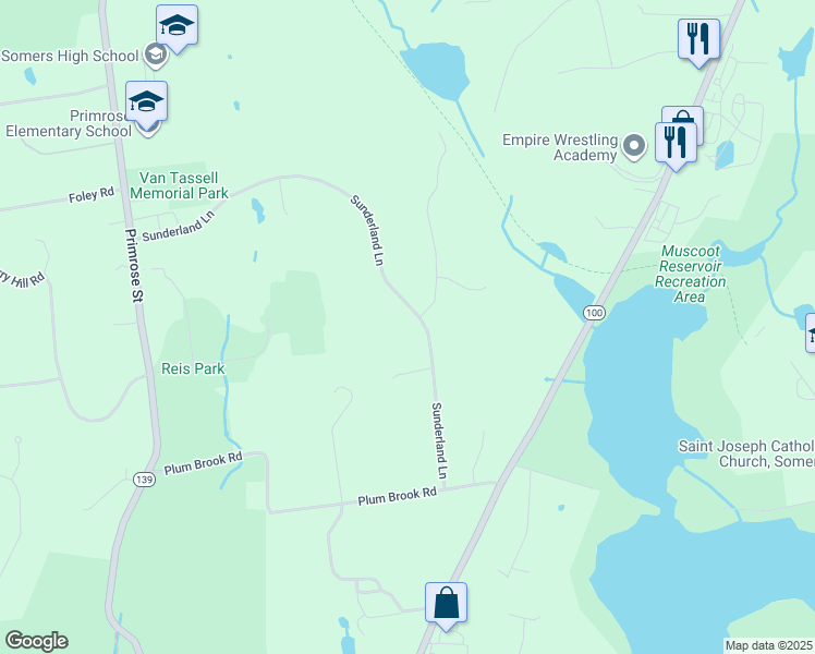 map of restaurants, bars, coffee shops, grocery stores, and more near 30 Sunderland Lane in Katonah