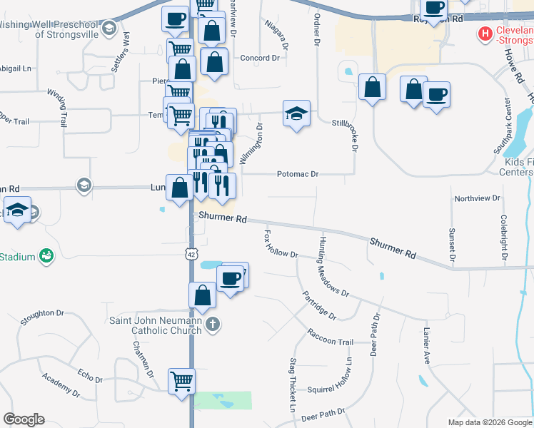 map of restaurants, bars, coffee shops, grocery stores, and more near 18392 Shurmer Road in Strongsville