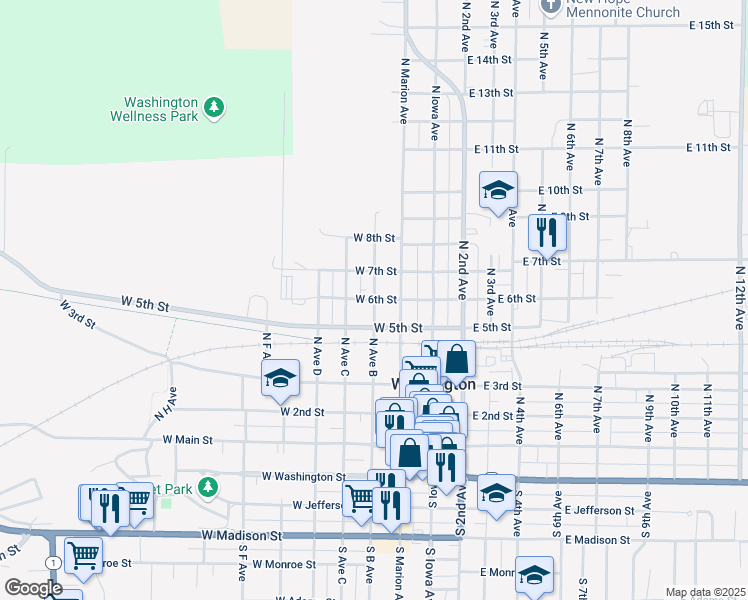 map of restaurants, bars, coffee shops, grocery stores, and more near 301 West 6th Street in Washington