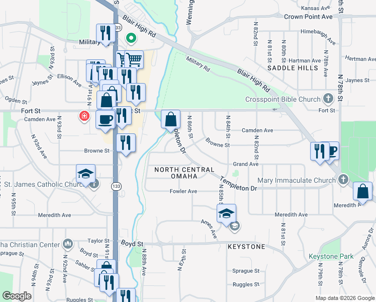 map of restaurants, bars, coffee shops, grocery stores, and more near 8620 Templeton Drive in Omaha