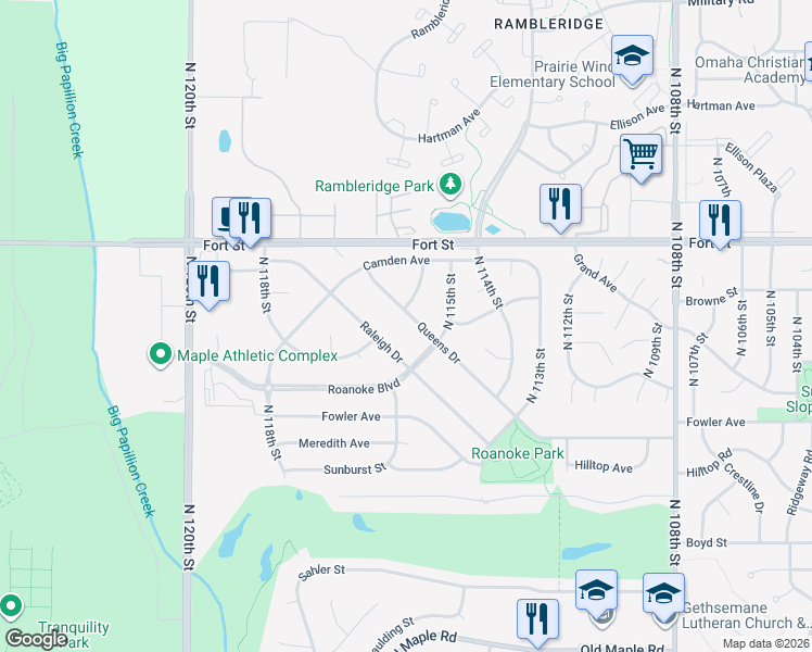 map of restaurants, bars, coffee shops, grocery stores, and more near 11517 Queens Drive in Omaha