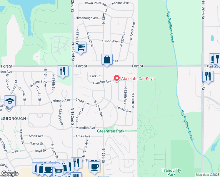 map of restaurants, bars, coffee shops, grocery stores, and more near 5106 North 128th Street in Omaha