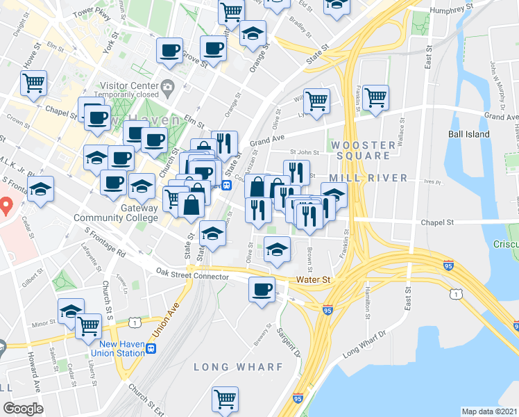 map of restaurants, bars, coffee shops, grocery stores, and more near 613 Chapel Street in New Haven
