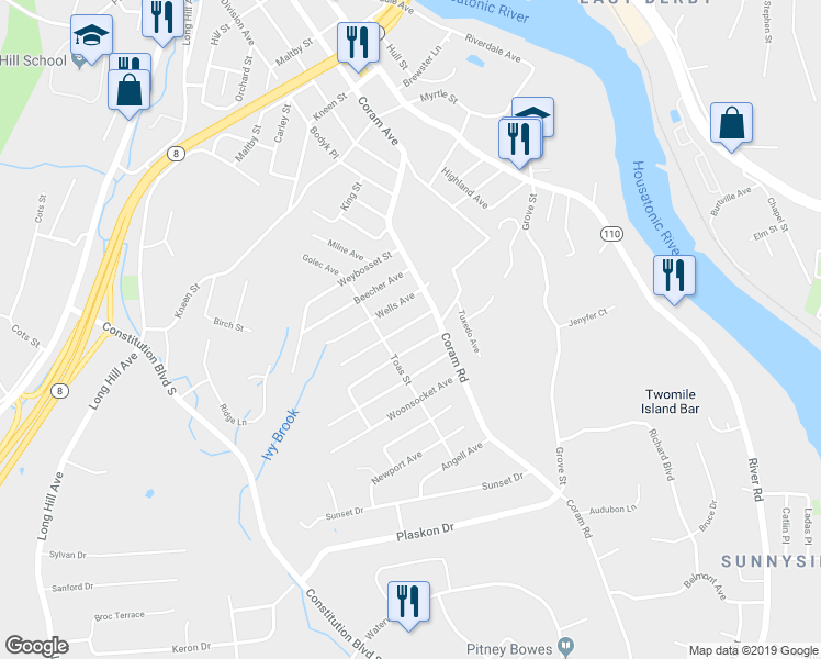 map of restaurants, bars, coffee shops, grocery stores, and more near 26 Providence Avenue in Shelton