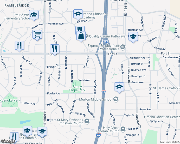 map of restaurants, bars, coffee shops, grocery stores, and more near 10274 Saratoga Street in Omaha