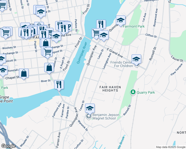 map of restaurants, bars, coffee shops, grocery stores, and more near 195 Lenox Street in New Haven