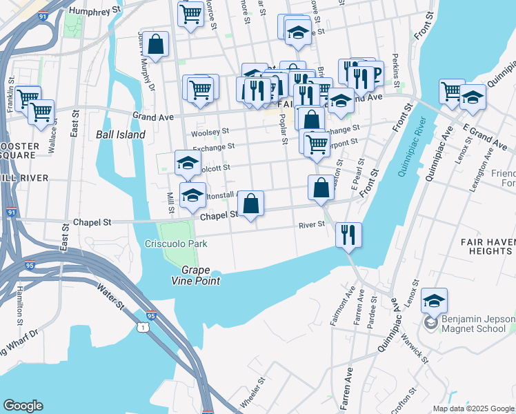 map of restaurants, bars, coffee shops, grocery stores, and more near in New Haven