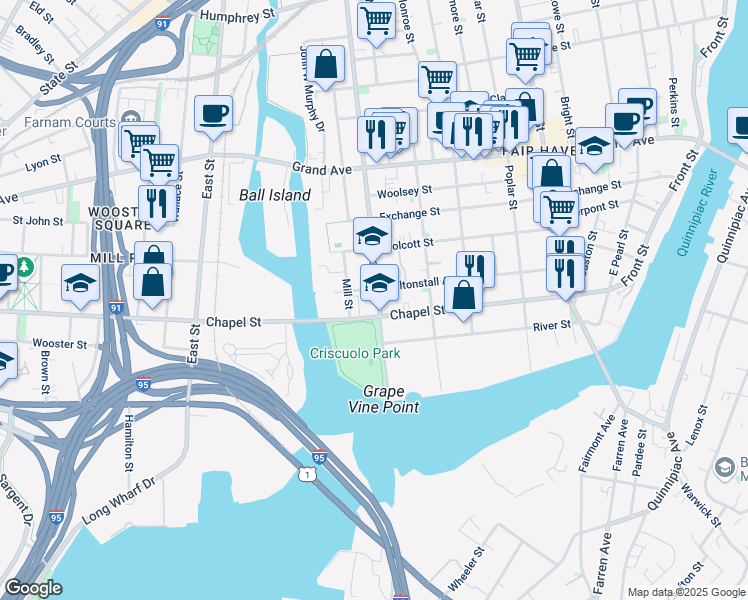 map of restaurants, bars, coffee shops, grocery stores, and more near 265 Chapel Street in New Haven