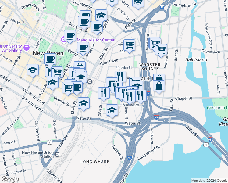 map of restaurants, bars, coffee shops, grocery stores, and more near in New Haven