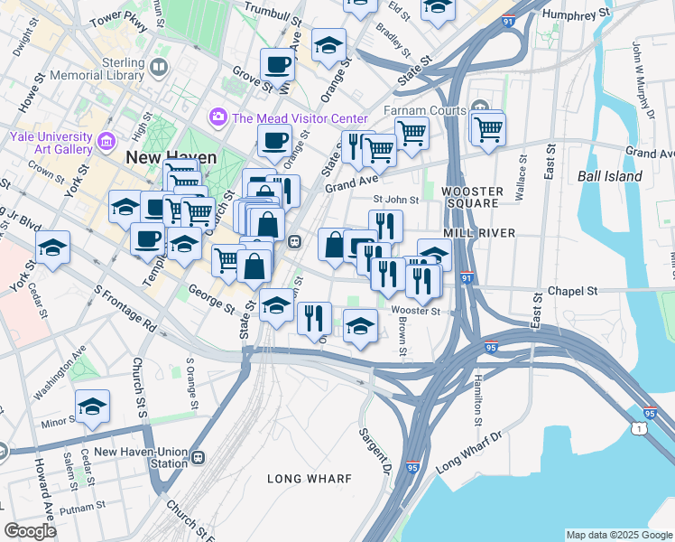 map of restaurants, bars, coffee shops, grocery stores, and more near 613 Chapel Street in New Haven