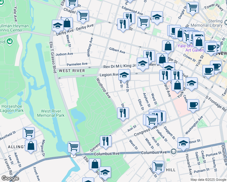 map of restaurants, bars, coffee shops, grocery stores, and more near 146 Sylvan Avenue in New Haven