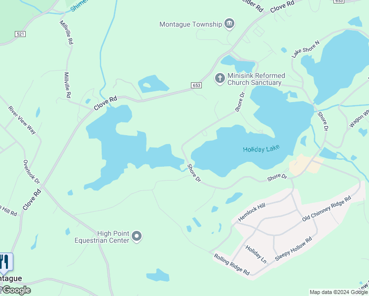 map of restaurants, bars, coffee shops, grocery stores, and more near 442-D Shore Drive in Montague