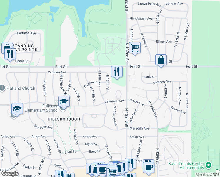 map of restaurants, bars, coffee shops, grocery stores, and more near 13330 Larimore Avenue in Omaha