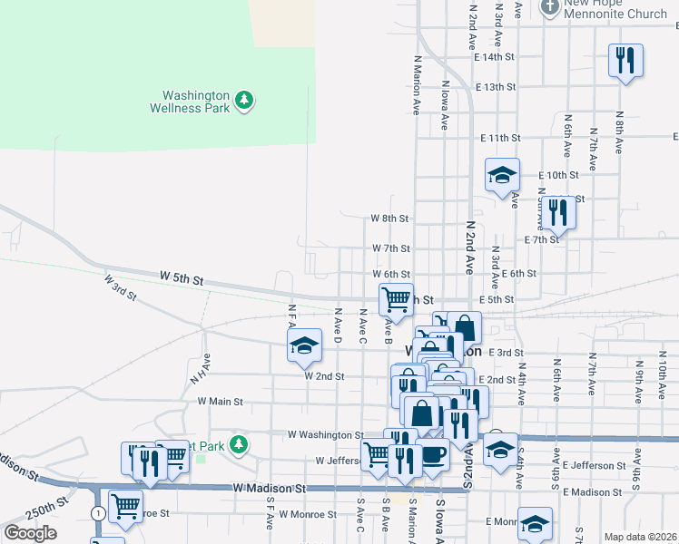 map of restaurants, bars, coffee shops, grocery stores, and more near 598 N D Ave in Washington