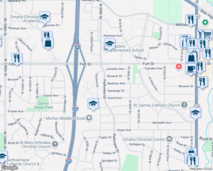 map of restaurants, bars, coffee shops, grocery stores, and more near 9820 Saratoga Street in Omaha
