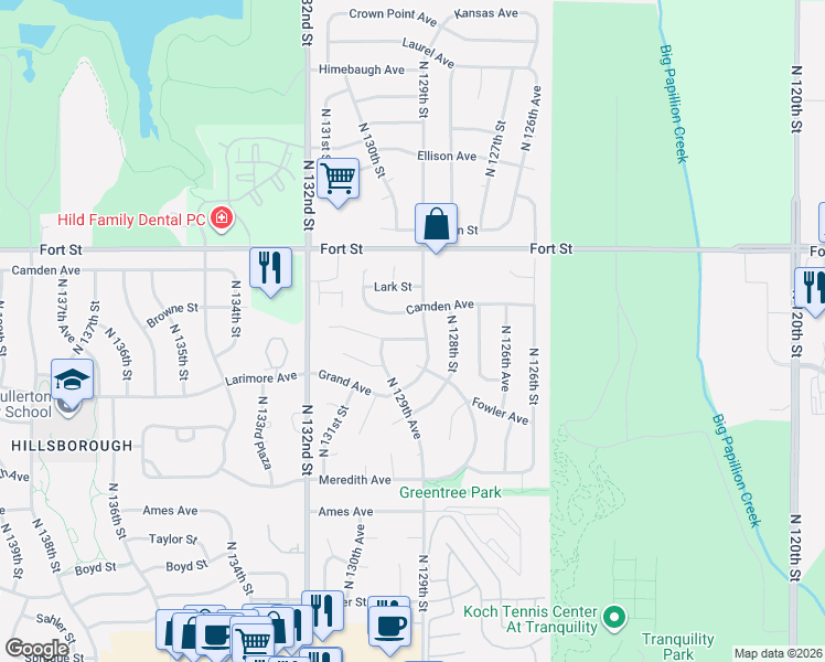 map of restaurants, bars, coffee shops, grocery stores, and more near 12912 Browne St in Omaha
