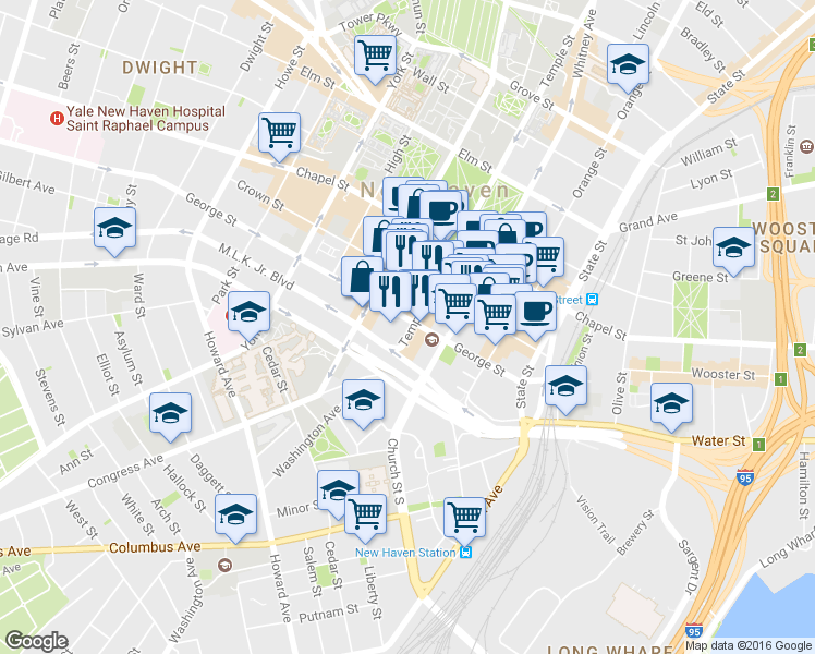 map of restaurants, bars, coffee shops, grocery stores, and more near 69 Temple Street in New Haven