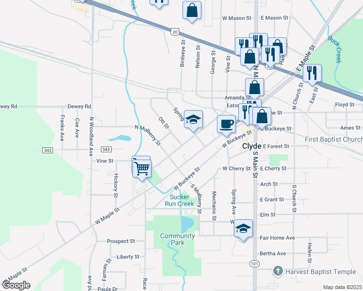 map of restaurants, bars, coffee shops, grocery stores, and more near 521 Vine Street in Clyde