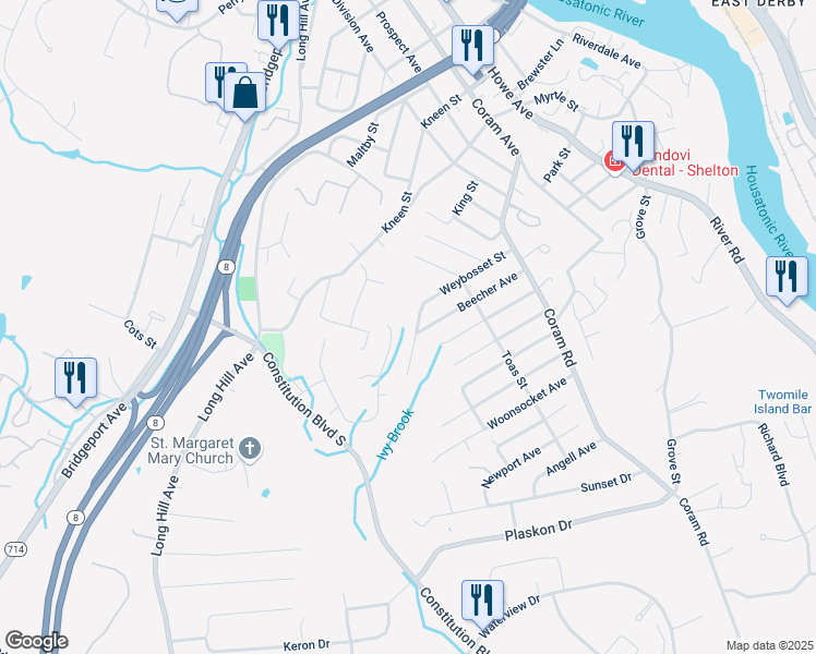 map of restaurants, bars, coffee shops, grocery stores, and more near 96 Ridge Lane in Shelton
