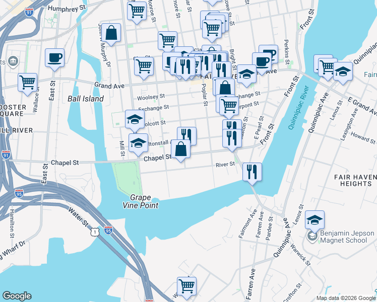 map of restaurants, bars, coffee shops, grocery stores, and more near 159 Chapel Street in New Haven