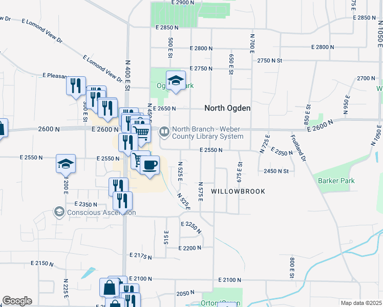 map of restaurants, bars, coffee shops, grocery stores, and more near 561 East 2550 North in Ogden