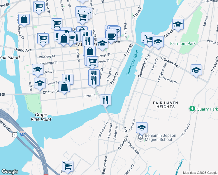 map of restaurants, bars, coffee shops, grocery stores, and more near 1 Front Street in New Haven