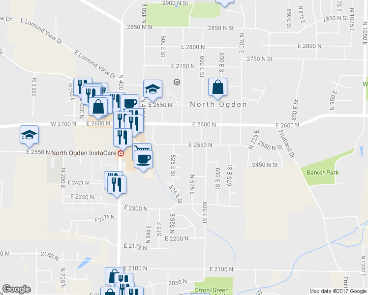map of restaurants, bars, coffee shops, grocery stores, and more near 561 East 2550 North in Ogden