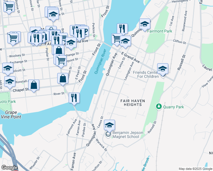 map of restaurants, bars, coffee shops, grocery stores, and more near 12 Oxford Street in New Haven