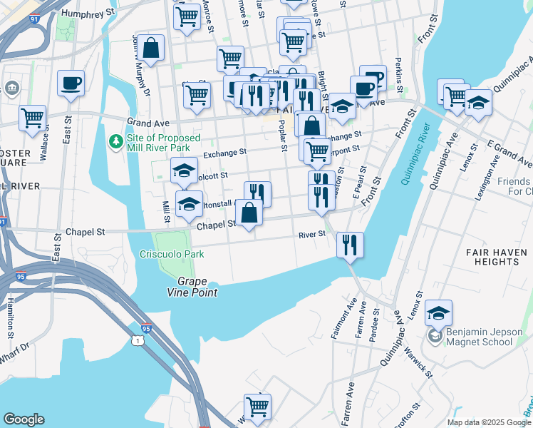 map of restaurants, bars, coffee shops, grocery stores, and more near in New Haven