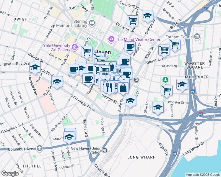 map of restaurants, bars, coffee shops, grocery stores, and more near 44 Orange Street in New Haven