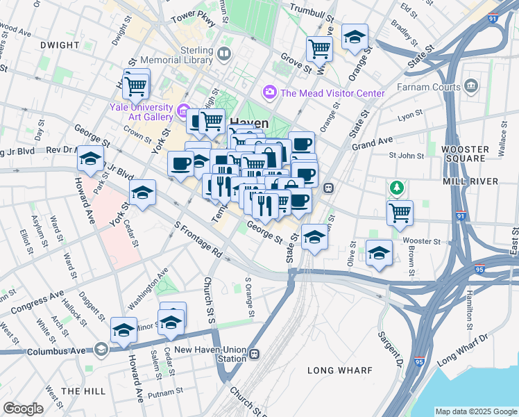 map of restaurants, bars, coffee shops, grocery stores, and more near 5 Church Street in New Haven