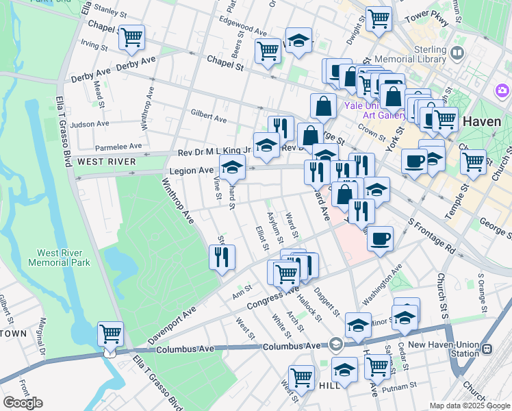 map of restaurants, bars, coffee shops, grocery stores, and more near 88 Asylum Street in New Haven