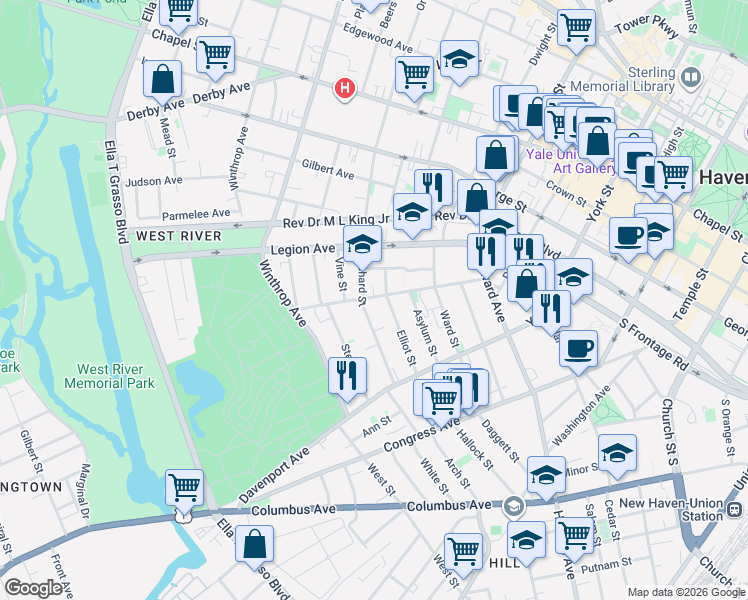 map of restaurants, bars, coffee shops, grocery stores, and more near 84 Sylvan Avenue in New Haven