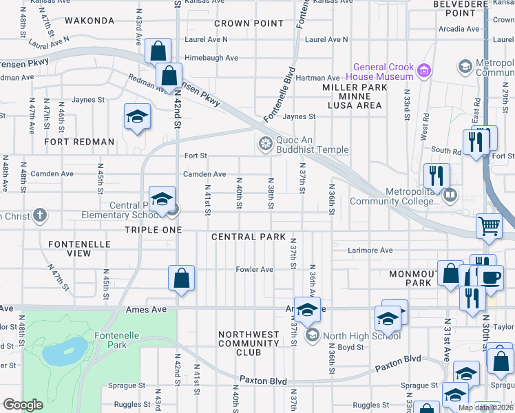 map of restaurants, bars, coffee shops, grocery stores, and more near 3835 Saratoga Street in Omaha