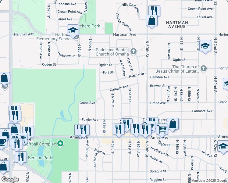 map of restaurants, bars, coffee shops, grocery stores, and more near 4923 North 63rd Street in Omaha