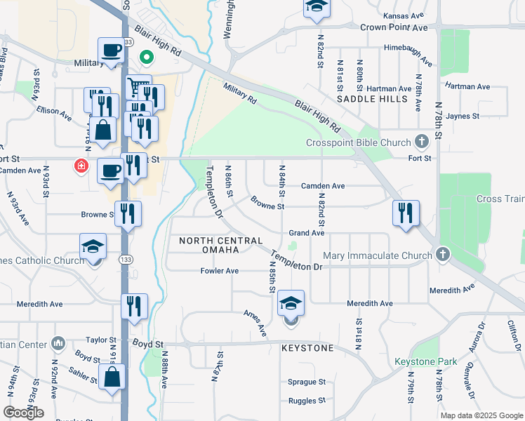 map of restaurants, bars, coffee shops, grocery stores, and more near 4916 North 84th Street in Omaha
