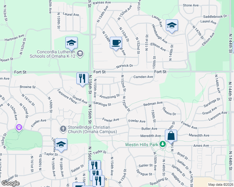 map of restaurants, bars, coffee shops, grocery stores, and more near 15263 Armstrong Street in Omaha
