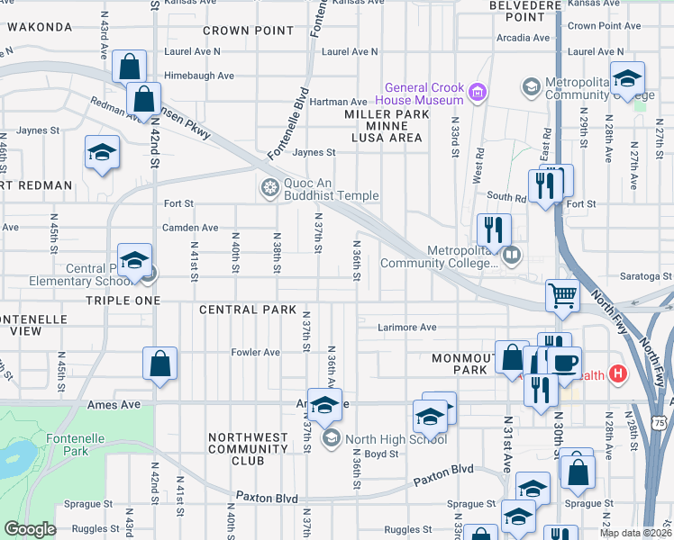 map of restaurants, bars, coffee shops, grocery stores, and more near 3622 Saratoga Street in Omaha
