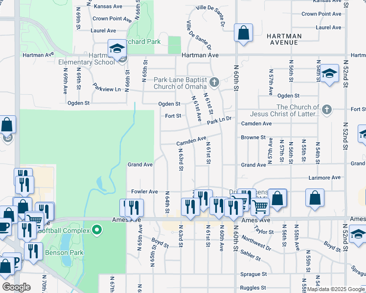 map of restaurants, bars, coffee shops, grocery stores, and more near 4923 North 63rd Street in Omaha