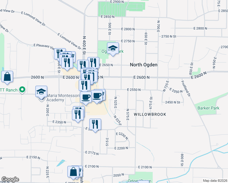 map of restaurants, bars, coffee shops, grocery stores, and more near 2543 525 East Street in Ogden