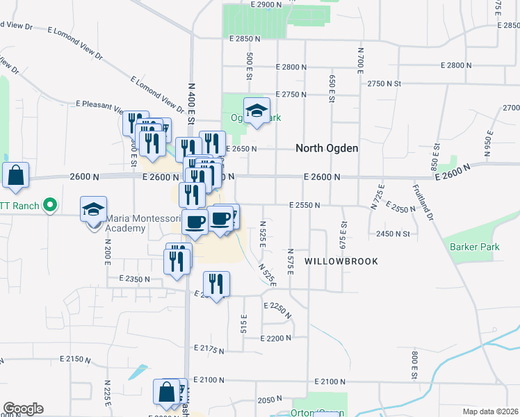 map of restaurants, bars, coffee shops, grocery stores, and more near 2543 525 East Street in Ogden